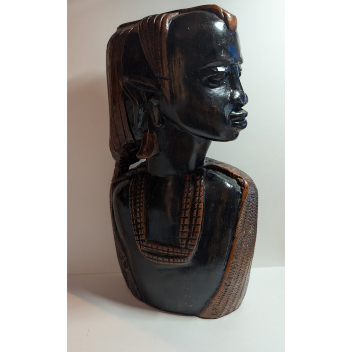 Vintage Hand-Carved African Female Bust Sculpture — Ebony-Toned Tribal Modernist Portrait
