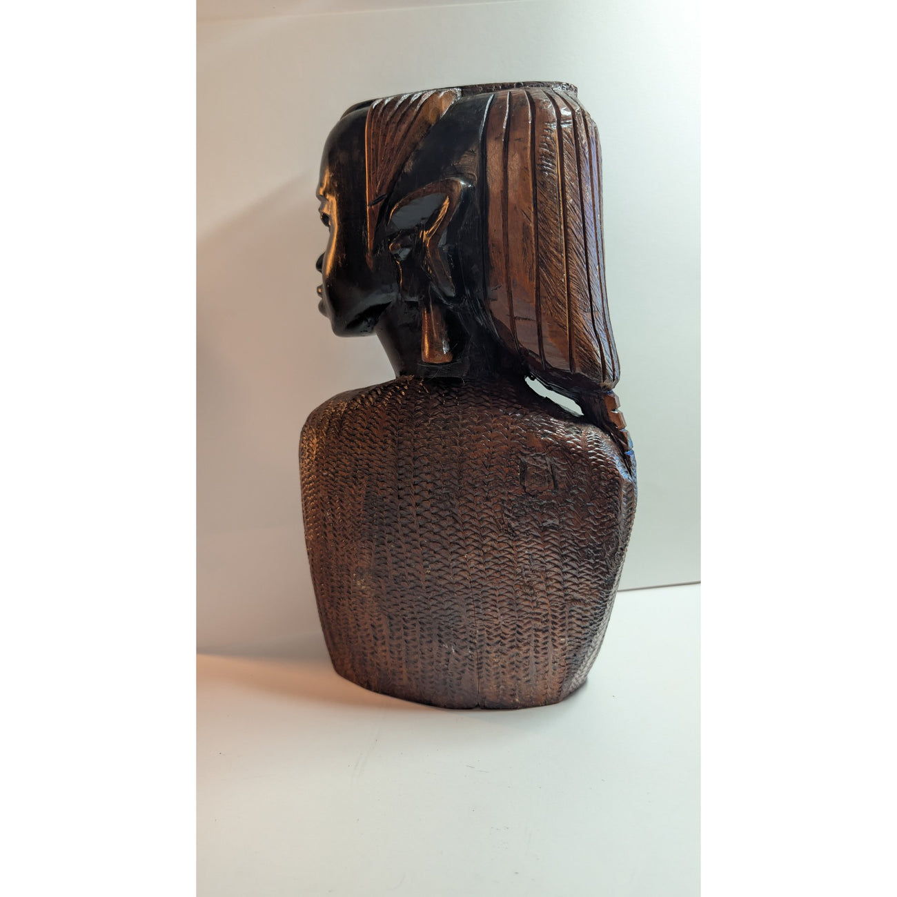 Vintage Hand-Carved African Female Bust Sculpture — Ebony-Toned Tribal Modernist Portrait