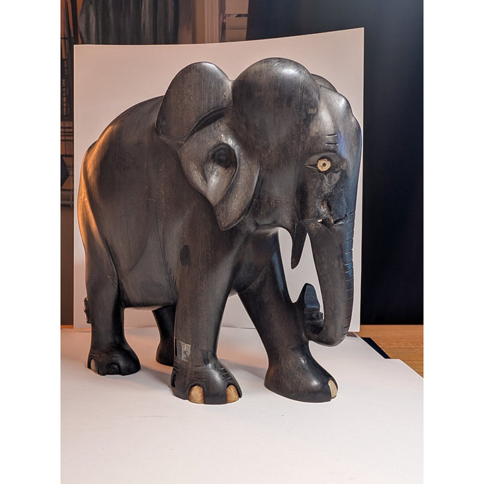 Vintage Ceylon Ebony Elephant Sculpture — Hand-Carved with Inlaid Bone Eyes & Toenails