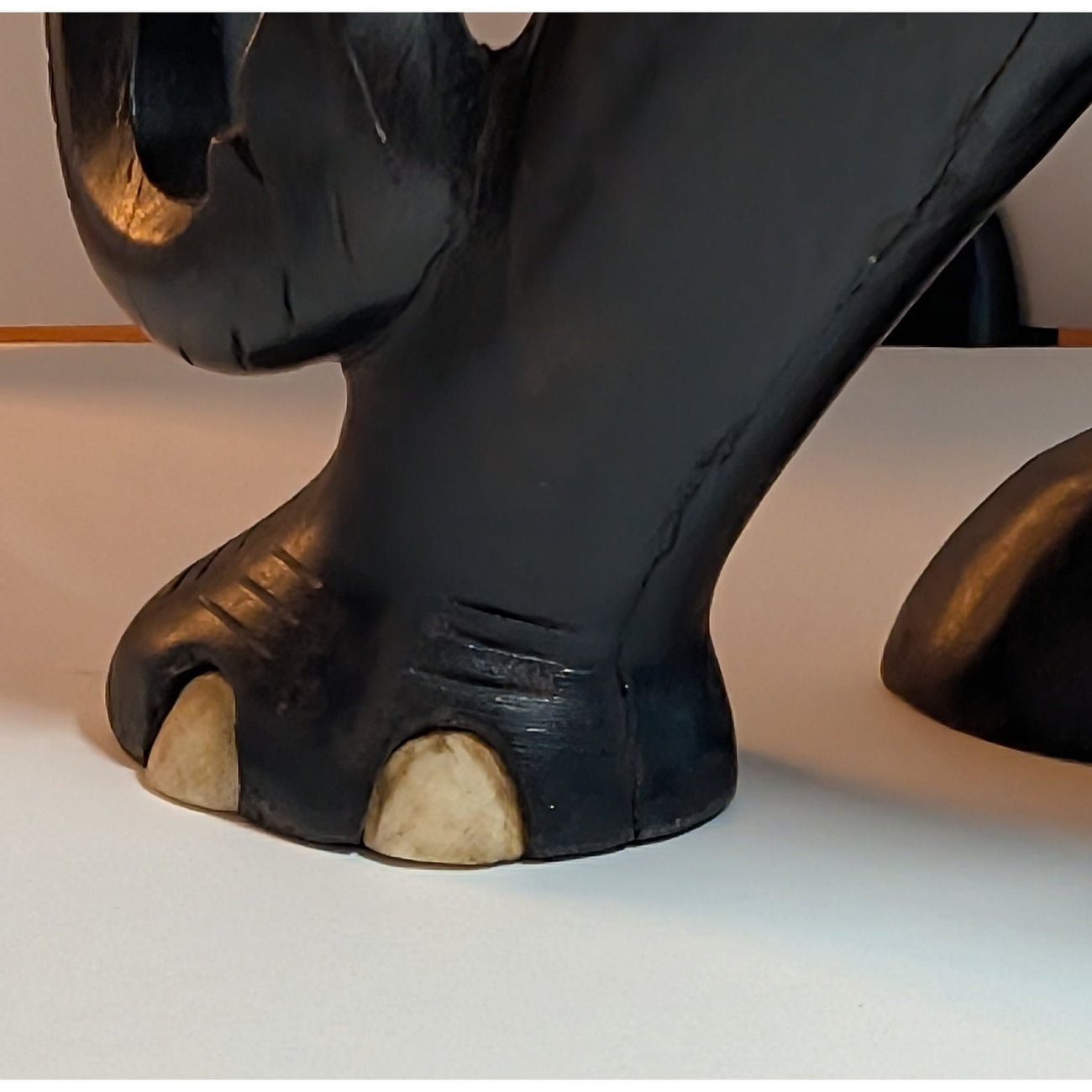 Vintage Ceylon Ebony Elephant Sculpture — Hand-Carved with Inlaid Bone Eyes & Toenails