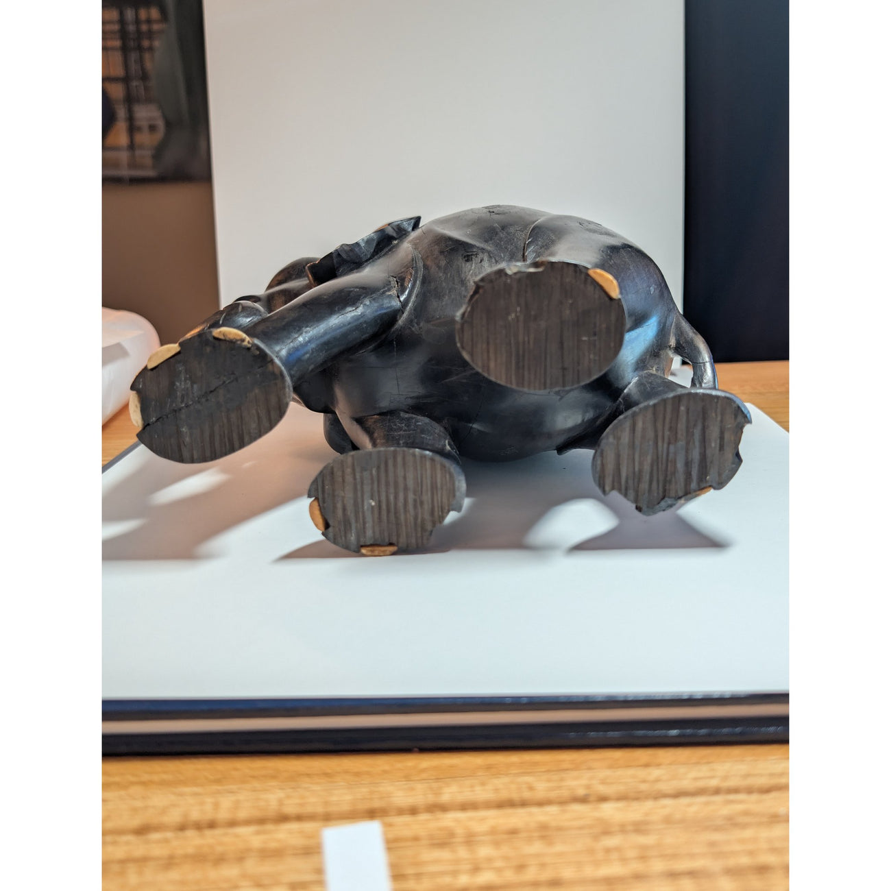 Vintage Ceylon Ebony Elephant Sculpture — Hand-Carved with Inlaid Bone Eyes & Toenails