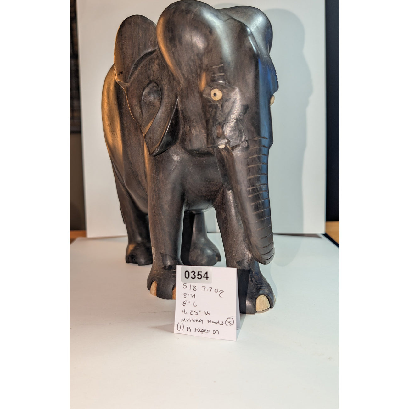 Vintage Ceylon Ebony Elephant Sculpture — Hand-Carved with Inlaid Bone Eyes & Toenails