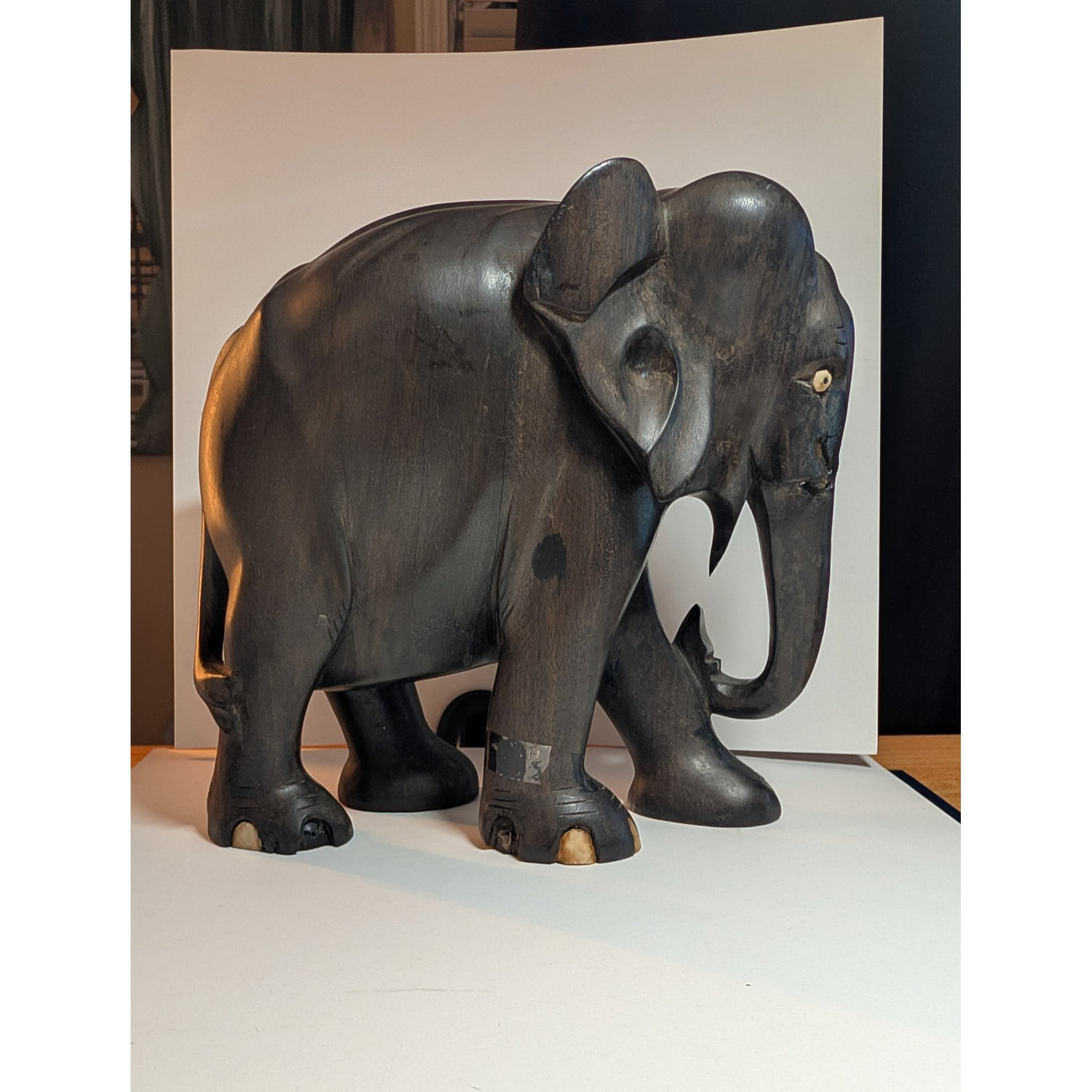 Vintage Ceylon Ebony Elephant Sculpture — Hand-Carved with Inlaid Bone Eyes & Toenails