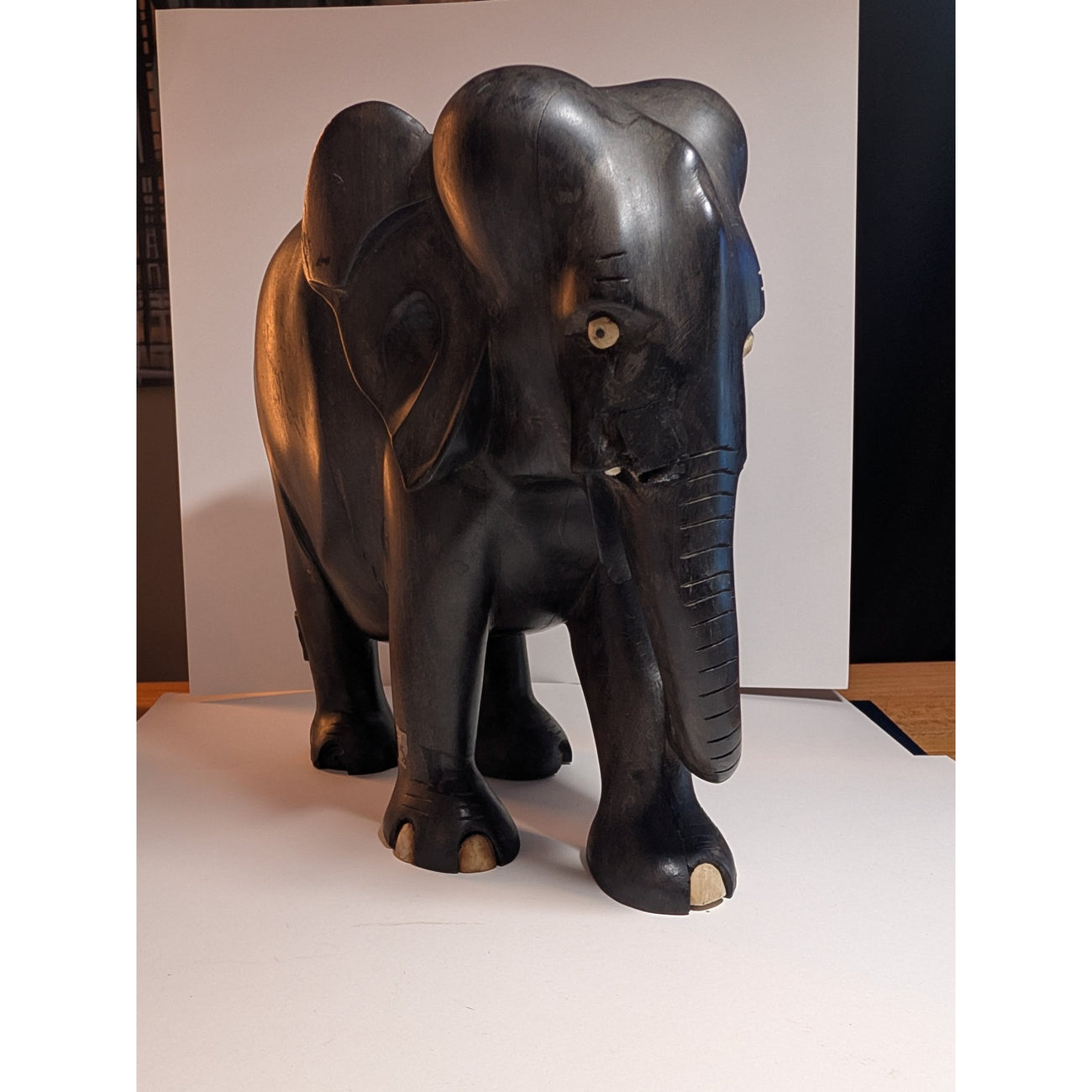 Vintage Ceylon Ebony Elephant Sculpture — Hand-Carved with Inlaid Bone Eyes & Toenails