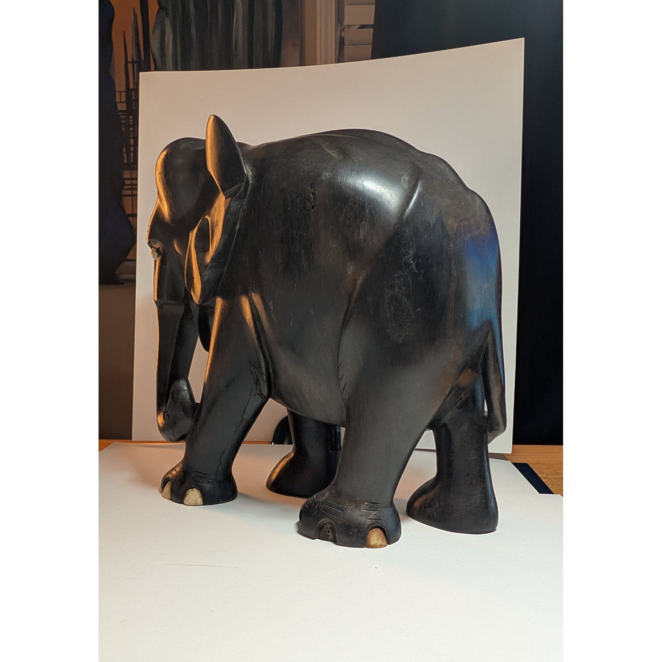 Vintage Ceylon Ebony Elephant Sculpture — Hand-Carved with Inlaid Bone Eyes & Toenails