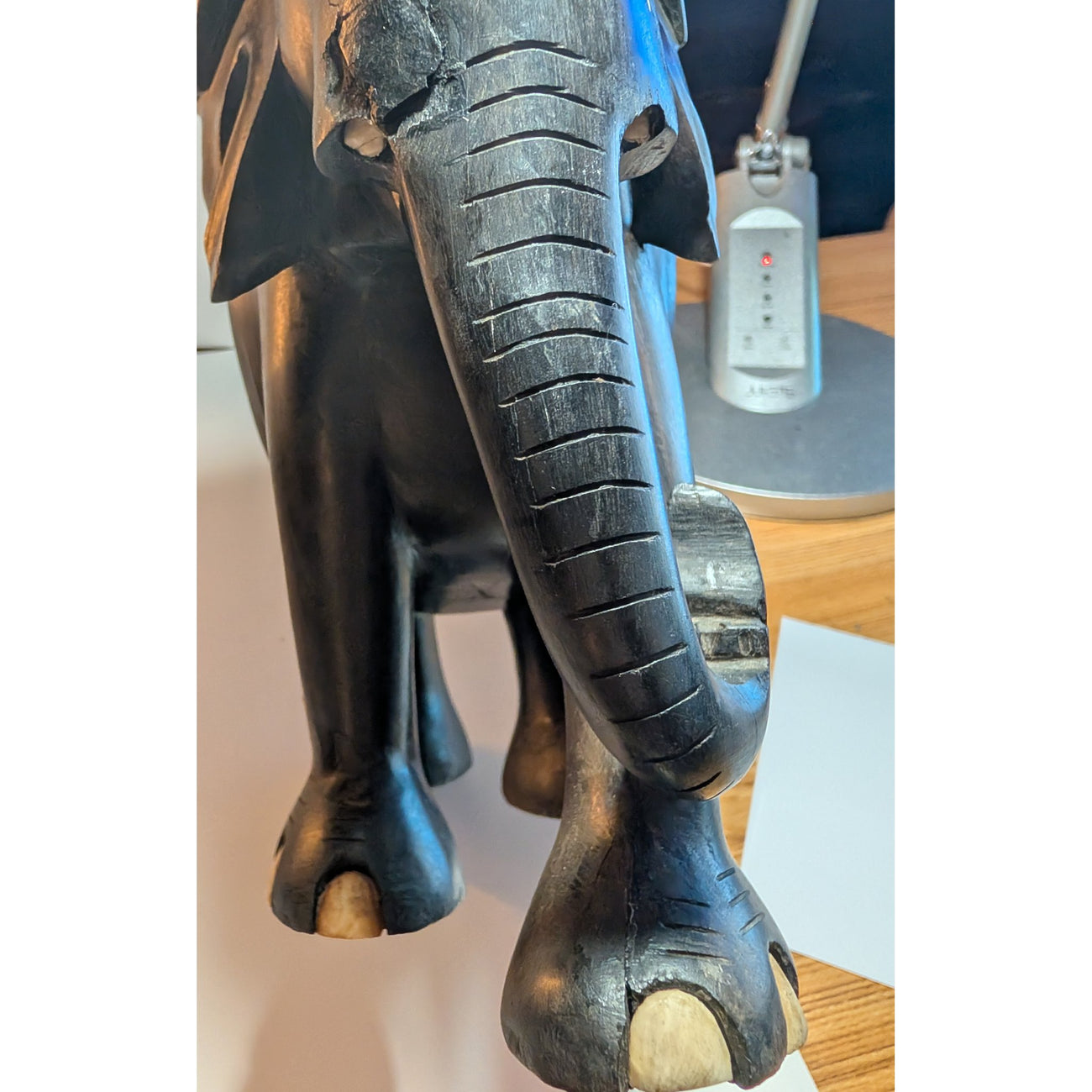 Vintage Ceylon Ebony Elephant Sculpture — Hand-Carved with Inlaid Bone Eyes & Toenails