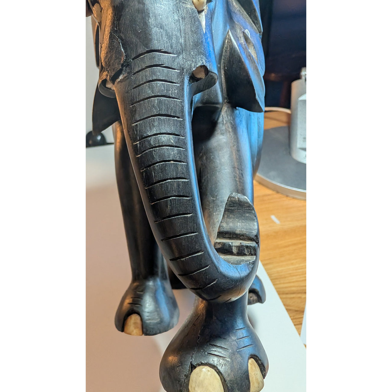 Vintage Ceylon Ebony Elephant Sculpture — Hand-Carved with Inlaid Bone Eyes & Toenails