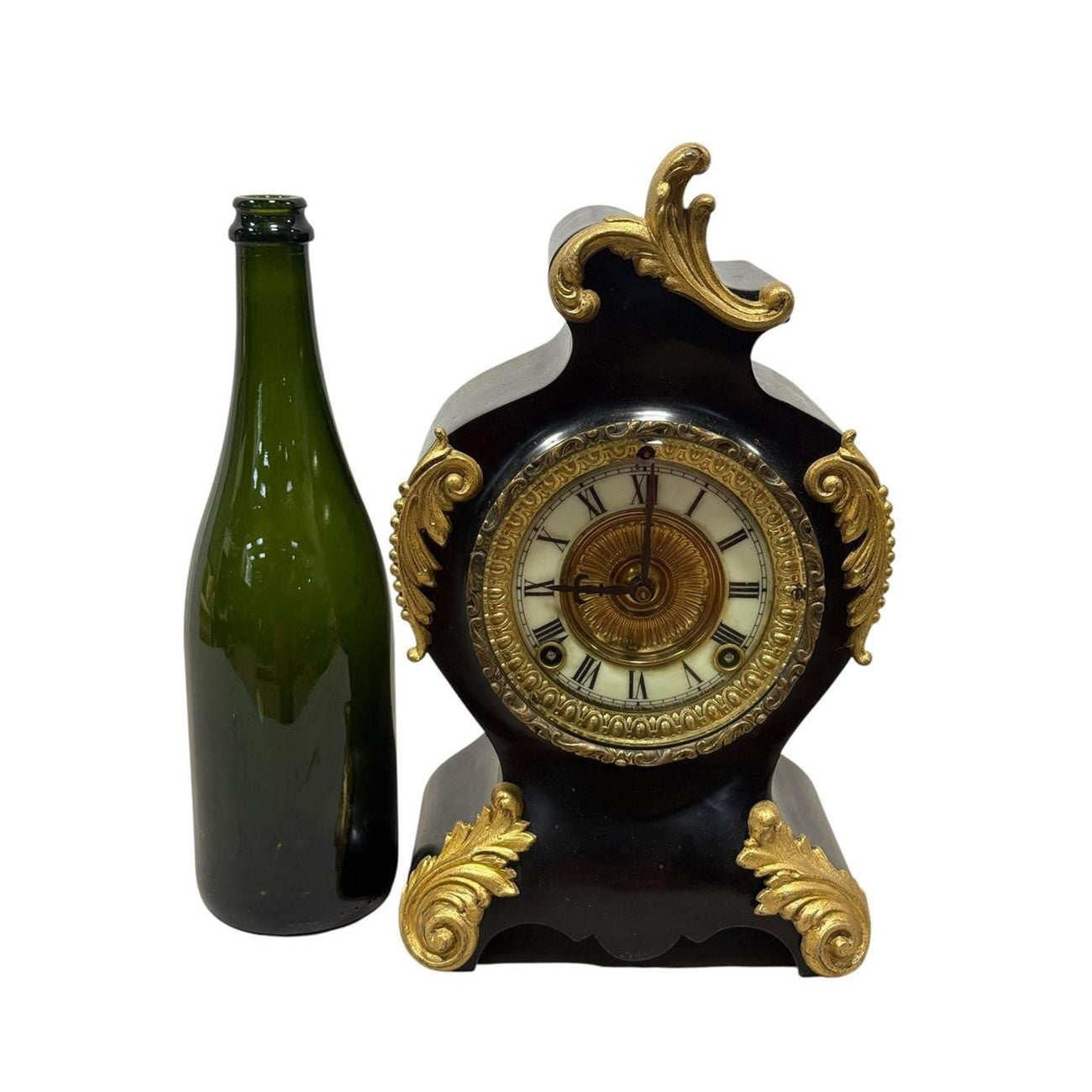Antique Ansonia Black Mantel Clock with Gilt Metal Mounts (c. 1890–1910)