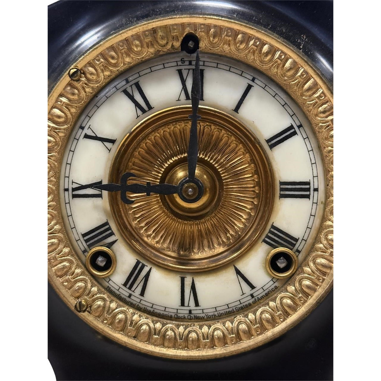 Antique Ansonia Black Mantel Clock with Gilt Metal Mounts (c. 1890–1910)