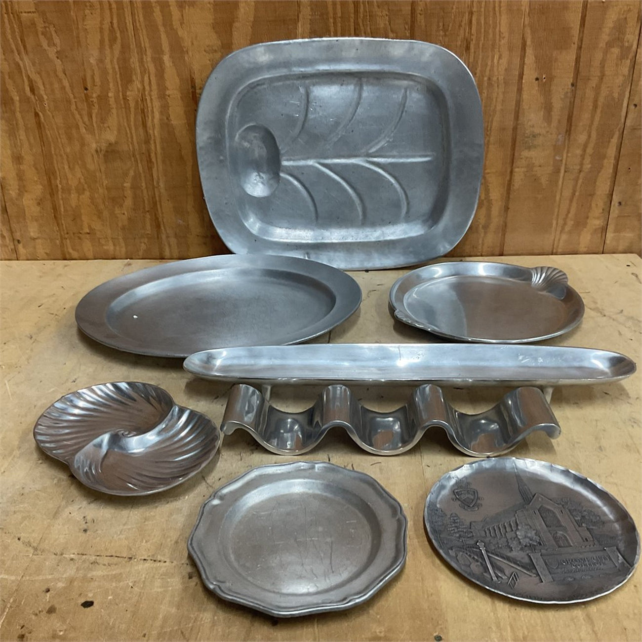 Vintage Cast Aluminum Serveware Lot with Pewter Plate — 8+ Serving Pieces