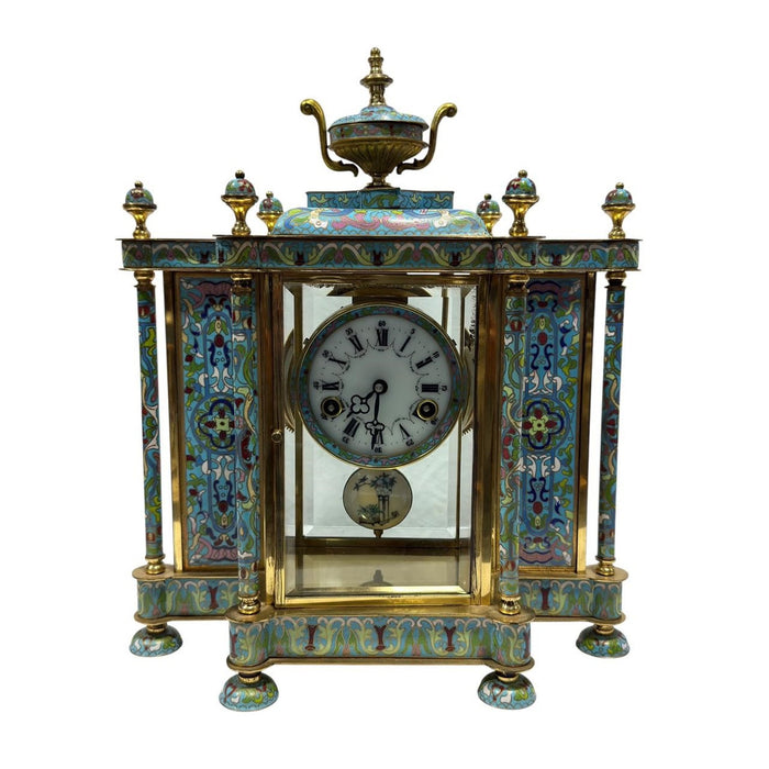 Cloisonné Enamel & Brass Mantel Clock — Crystal Regulator Style with Key