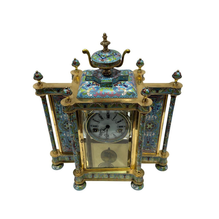 Cloisonné Enamel & Brass Mantel Clock — Crystal Regulator Style with Key
