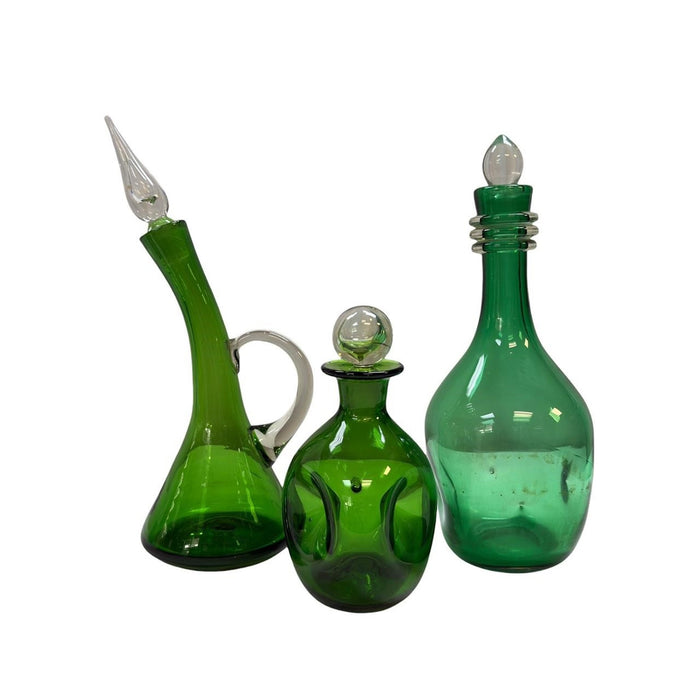 Trio of Mid-Century Green Art Glass Decanters — Blenko & Empoli Style