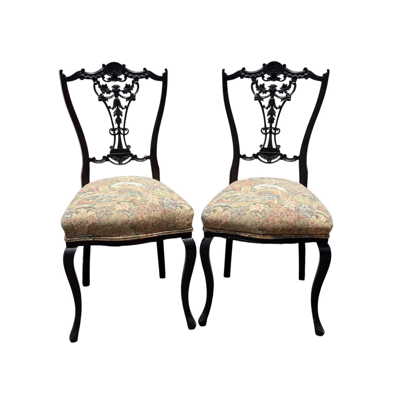 Pair of Chippendale-Style Ribbon-Back Side Chairs with Tapestry Seats