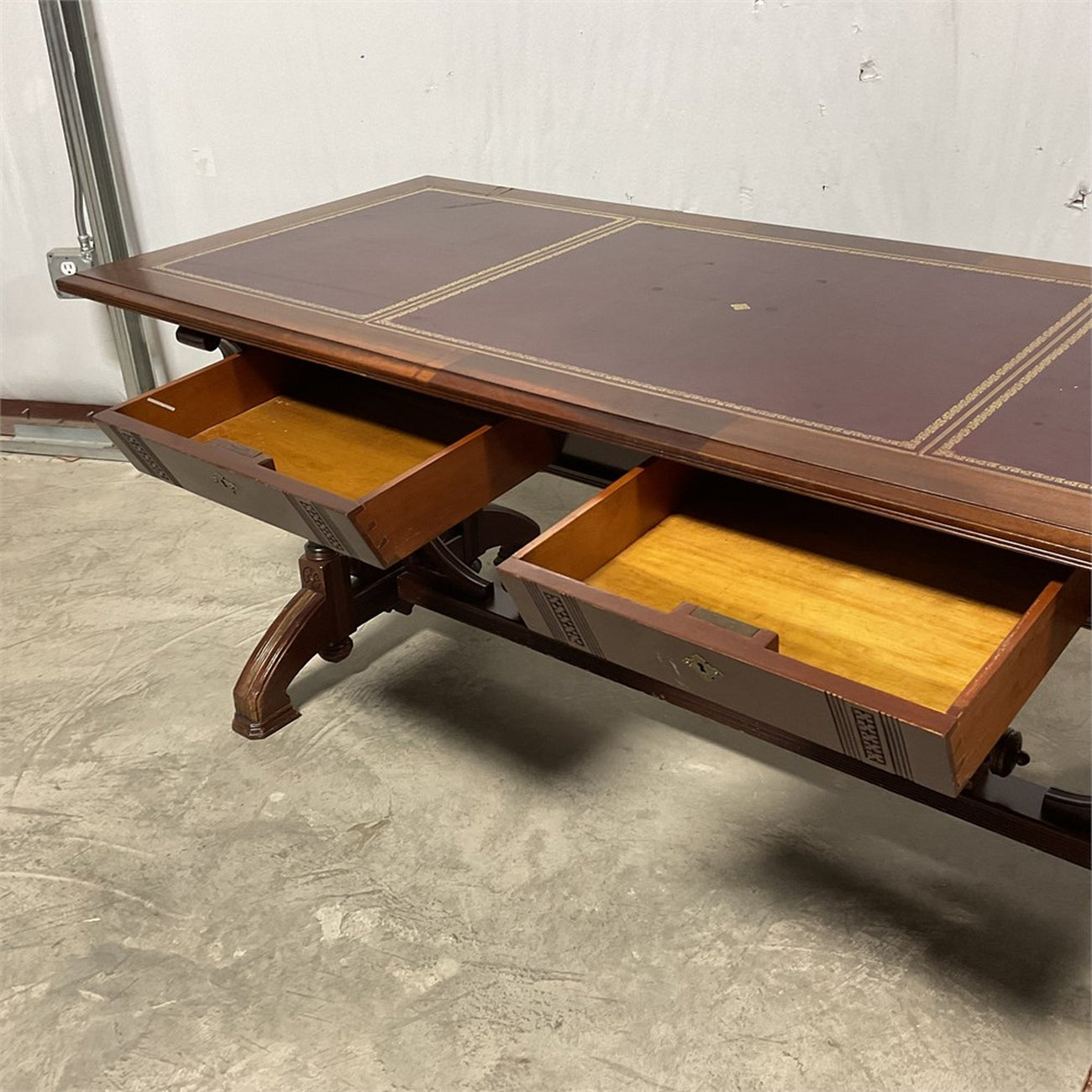 Antique Renaissance Revival Carved Walnut Library Table / Writing Desk — Leather Top