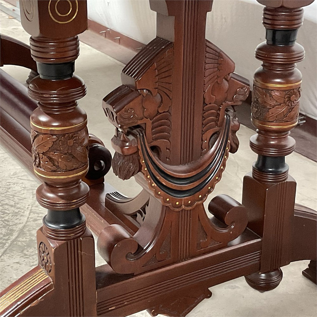 Antique Renaissance Revival Carved Walnut Library Table / Writing Desk — Leather Top