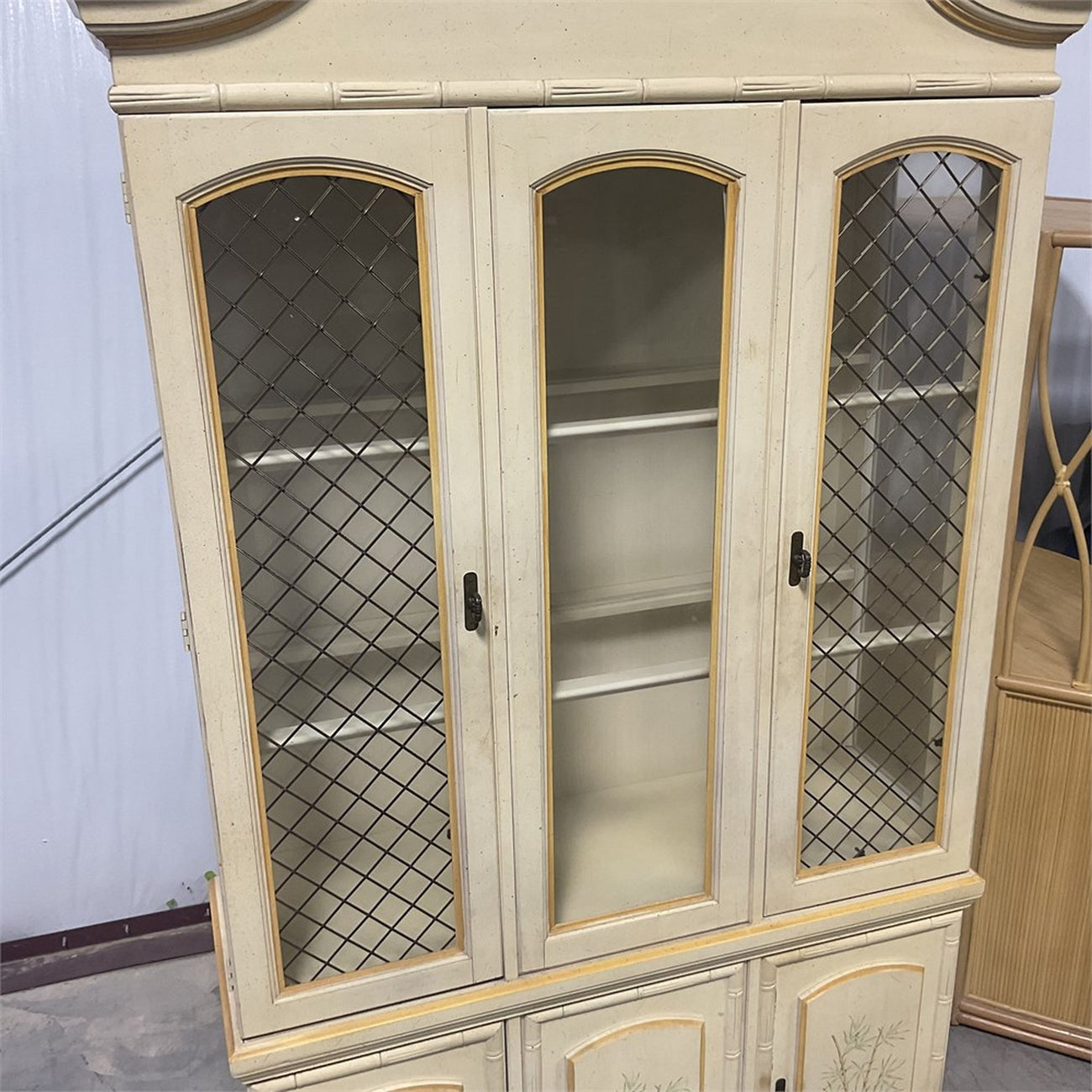 Vintage Faux Bamboo Lighted China Cabinet — French Provincial / Hollywood Regency