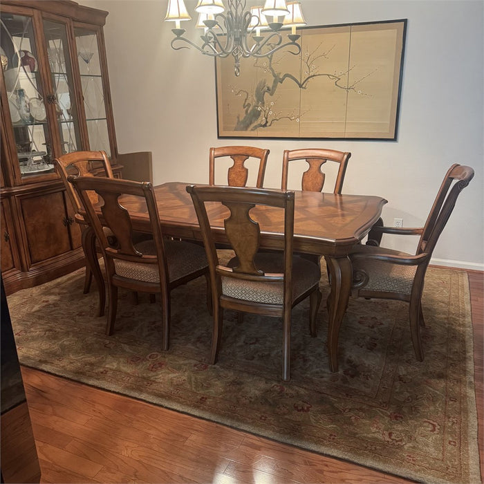 7-Piece Burl Parquetry Dining Set, Attributed to Thomasville "British Gentry" — Table, 6 Chairs, 2 Leaves & Pads