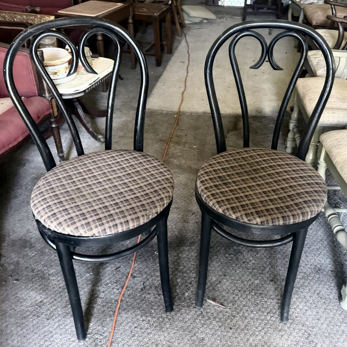 Pair of Black Bentwood Cafe Chairs with Upholstered Seats