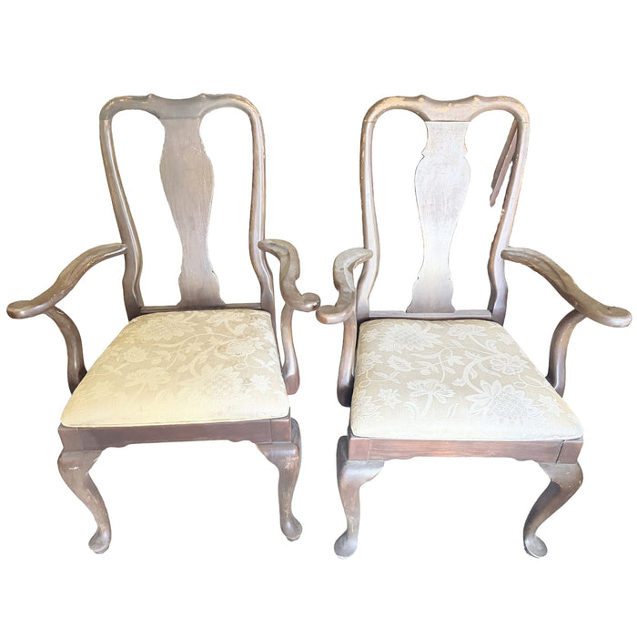 Pair of Queen Anne-Style Armchairs with Damask Seats