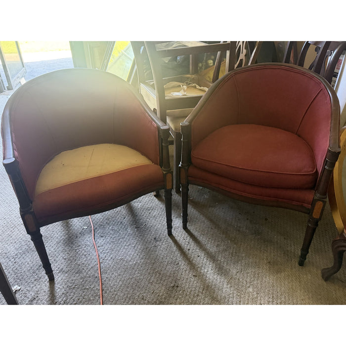 Pair of Sheraton-Style Inlaid Barrel Chairs (One Cushion Missing)