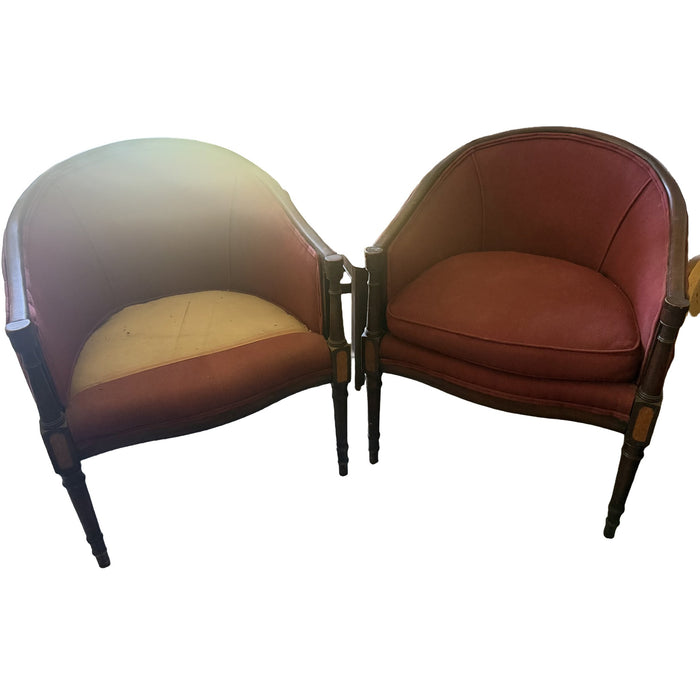 Pair of Sheraton-Style Inlaid Barrel Chairs (One Cushion Missing)