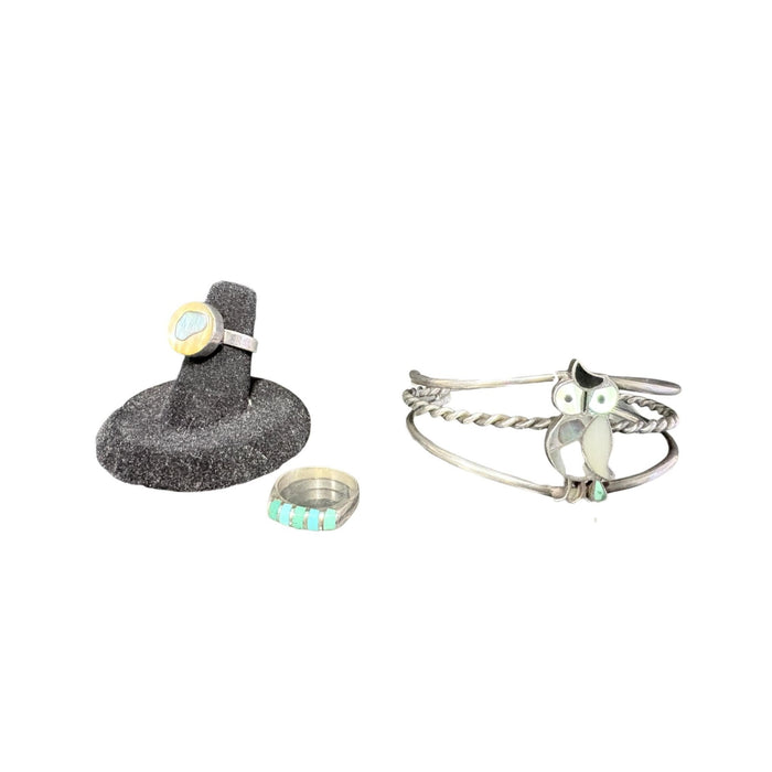 Sterling Jewelry Lot — Zuni-Style Inlay Owl Cuff, Turquoise Channel Ring & MOP Ring