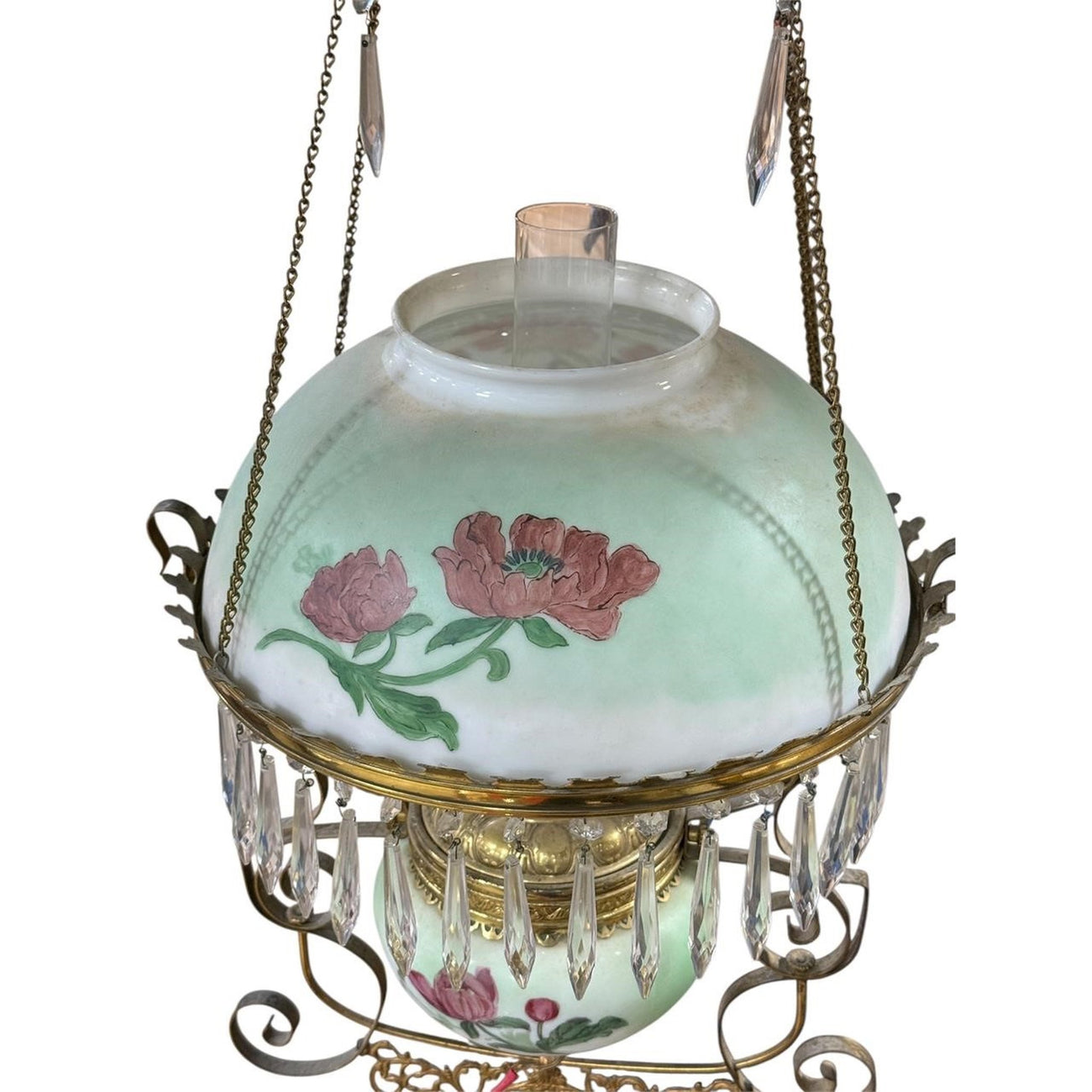 Antique Victorian Parlor Hanging Lamp, Electrified — Painted Shade & Rayo Chimney