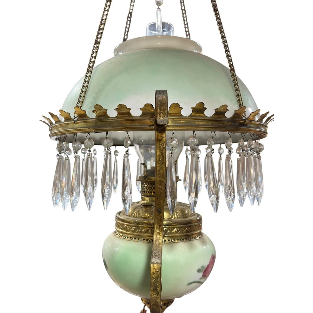 Antique Victorian Parlor Hanging Lamp, Electrified — Painted Shade & Rayo Chimney