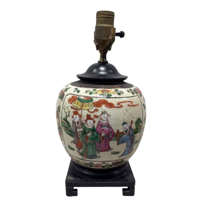 Chinese Export Porcelain Ginger Jar Table Lamp — Famille Rose Figural Scenes