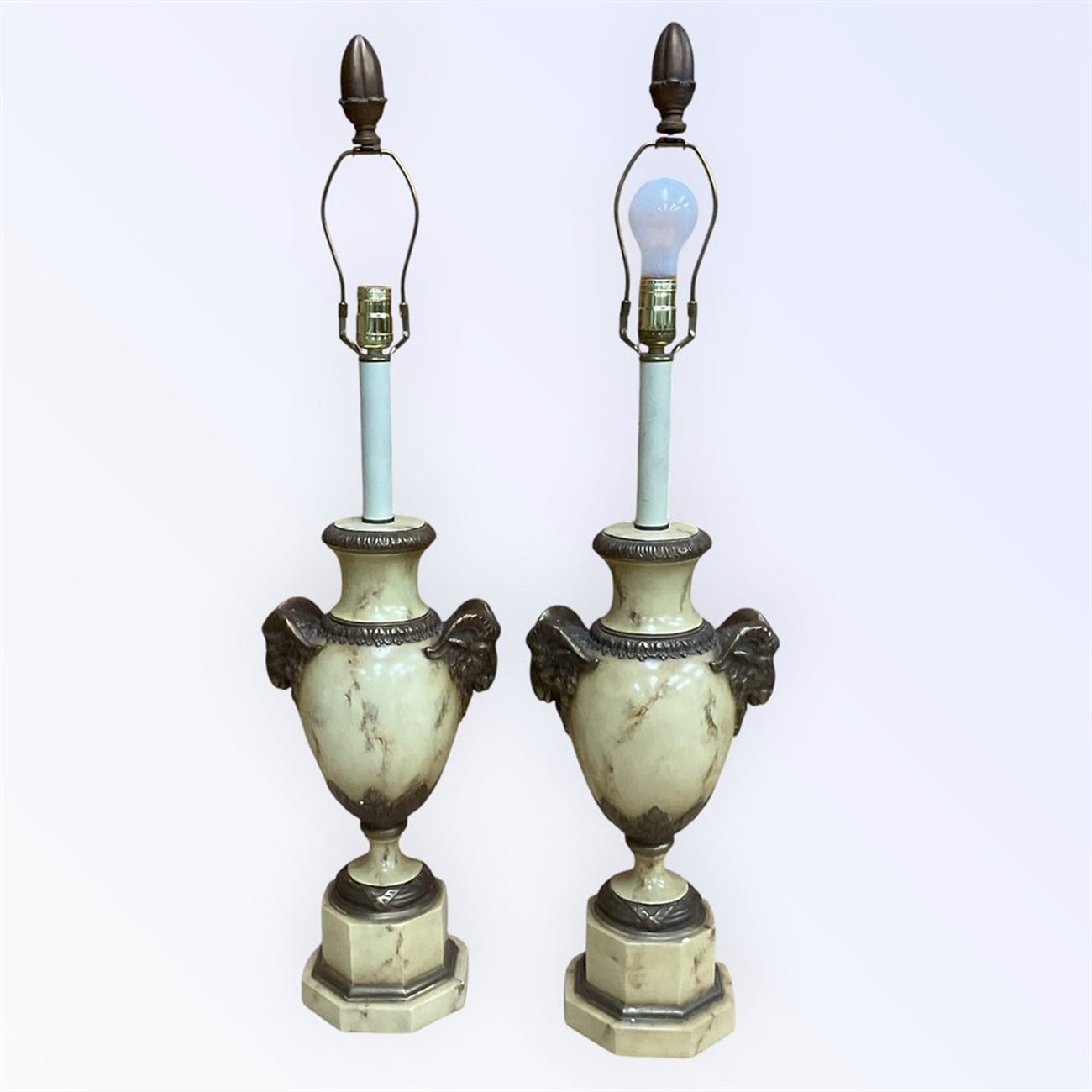 Pair of Neoclassical Ram's Head Urn Table Lamps — Faux Marble & Bronze-Tone