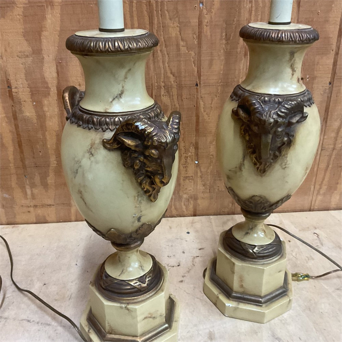 Pair of Neoclassical Ram's Head Urn Table Lamps — Faux Marble & Bronze-Tone