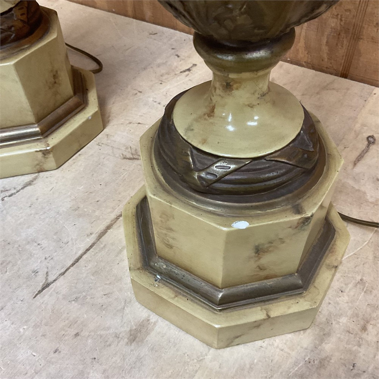 Pair of Neoclassical Ram's Head Urn Table Lamps — Faux Marble & Bronze-Tone