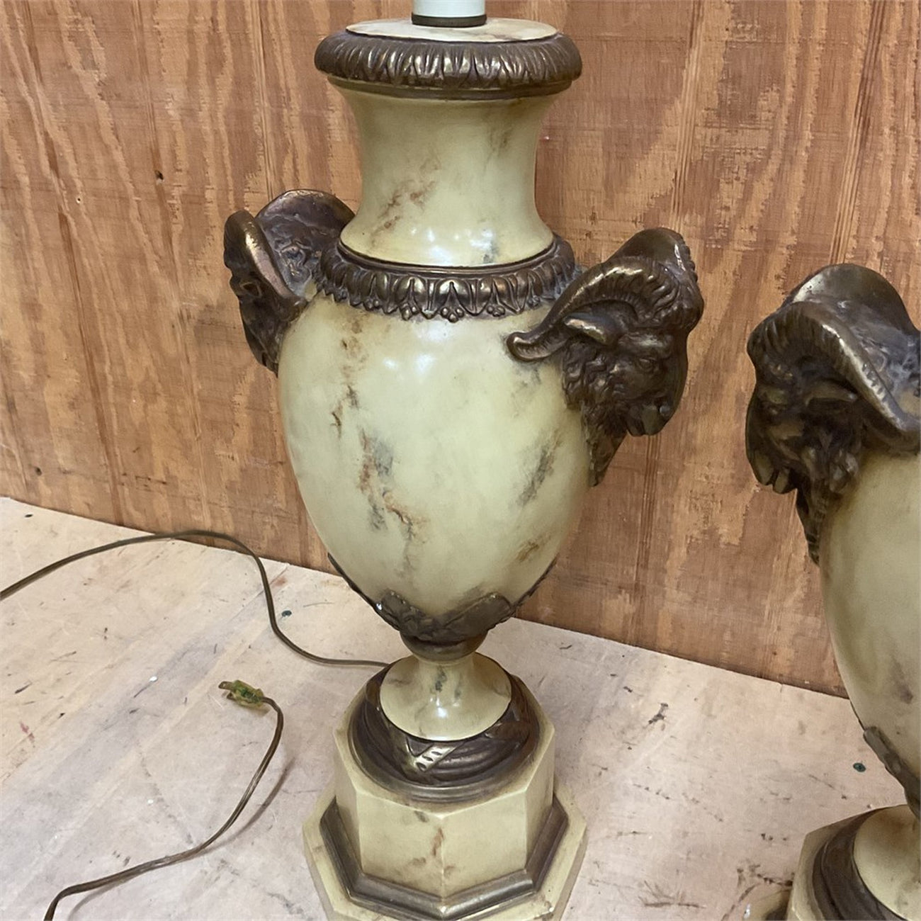 Pair of Neoclassical Ram's Head Urn Table Lamps — Faux Marble & Bronze-Tone