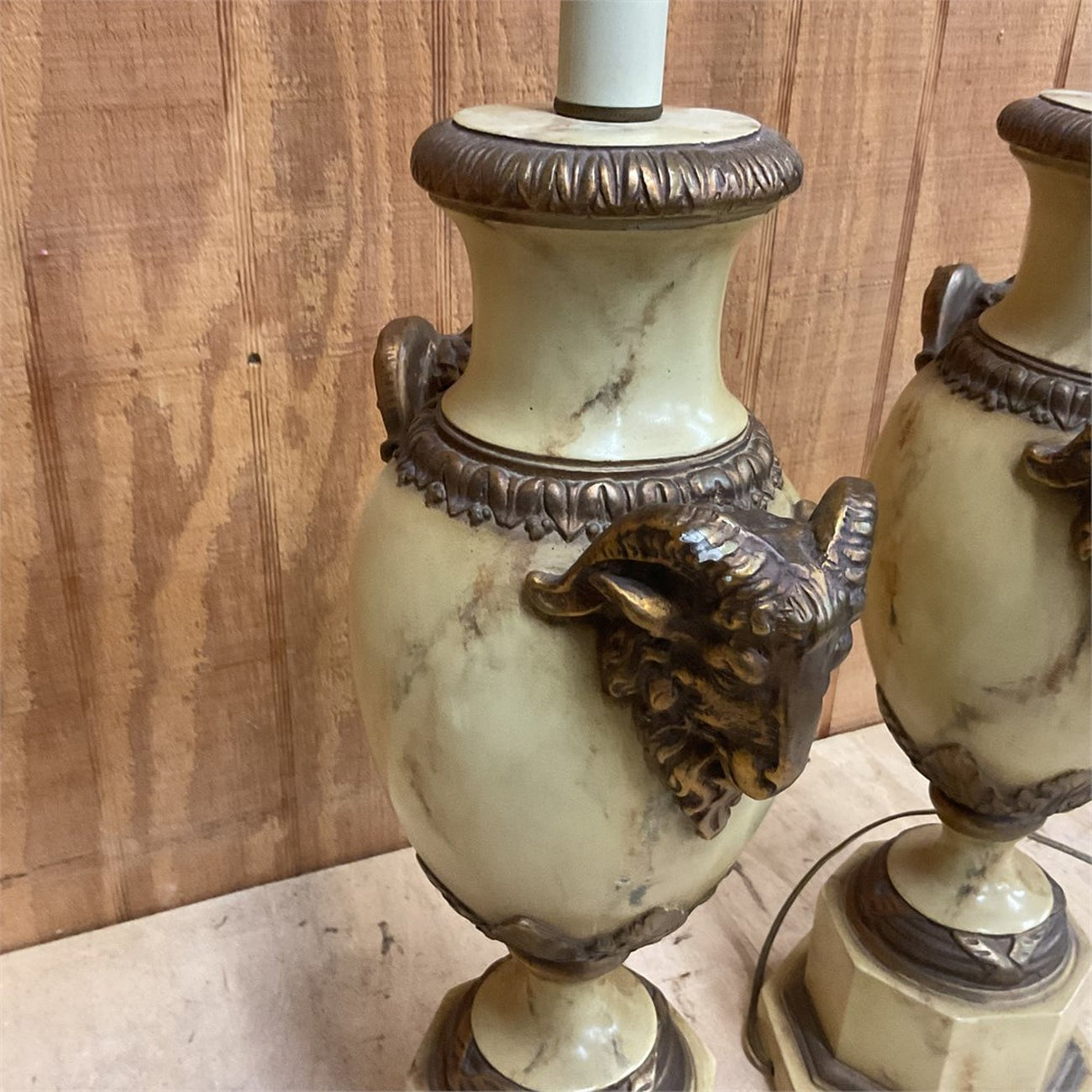 Pair of Neoclassical Ram's Head Urn Table Lamps — Faux Marble & Bronze-Tone