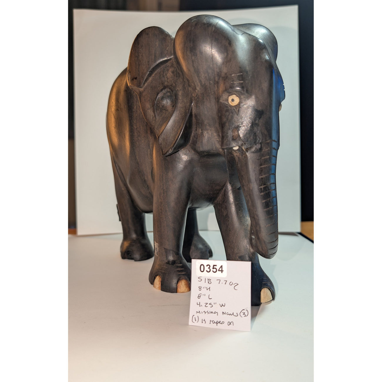 Vintage Ceylon Ebony Elephant Sculpture — Hand-Carved with Inlaid Bone Eyes & Toenails