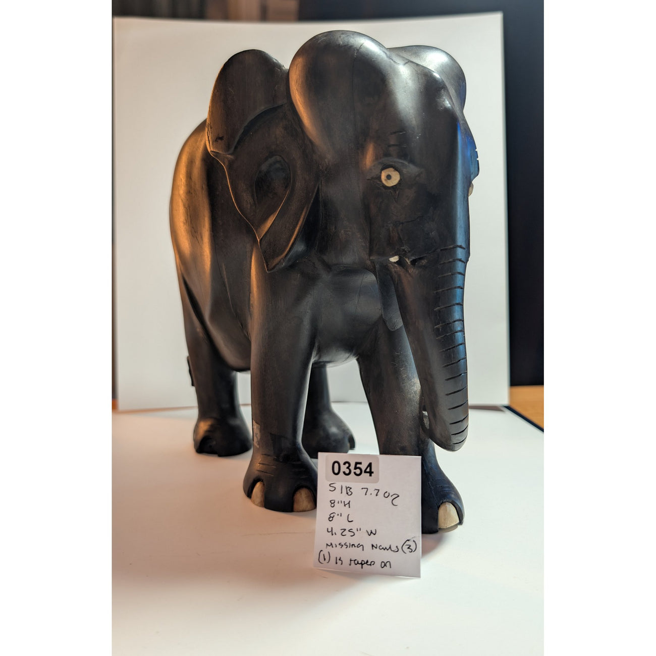 Vintage Ceylon Ebony Elephant Sculpture — Hand-Carved with Inlaid Bone Eyes & Toenails