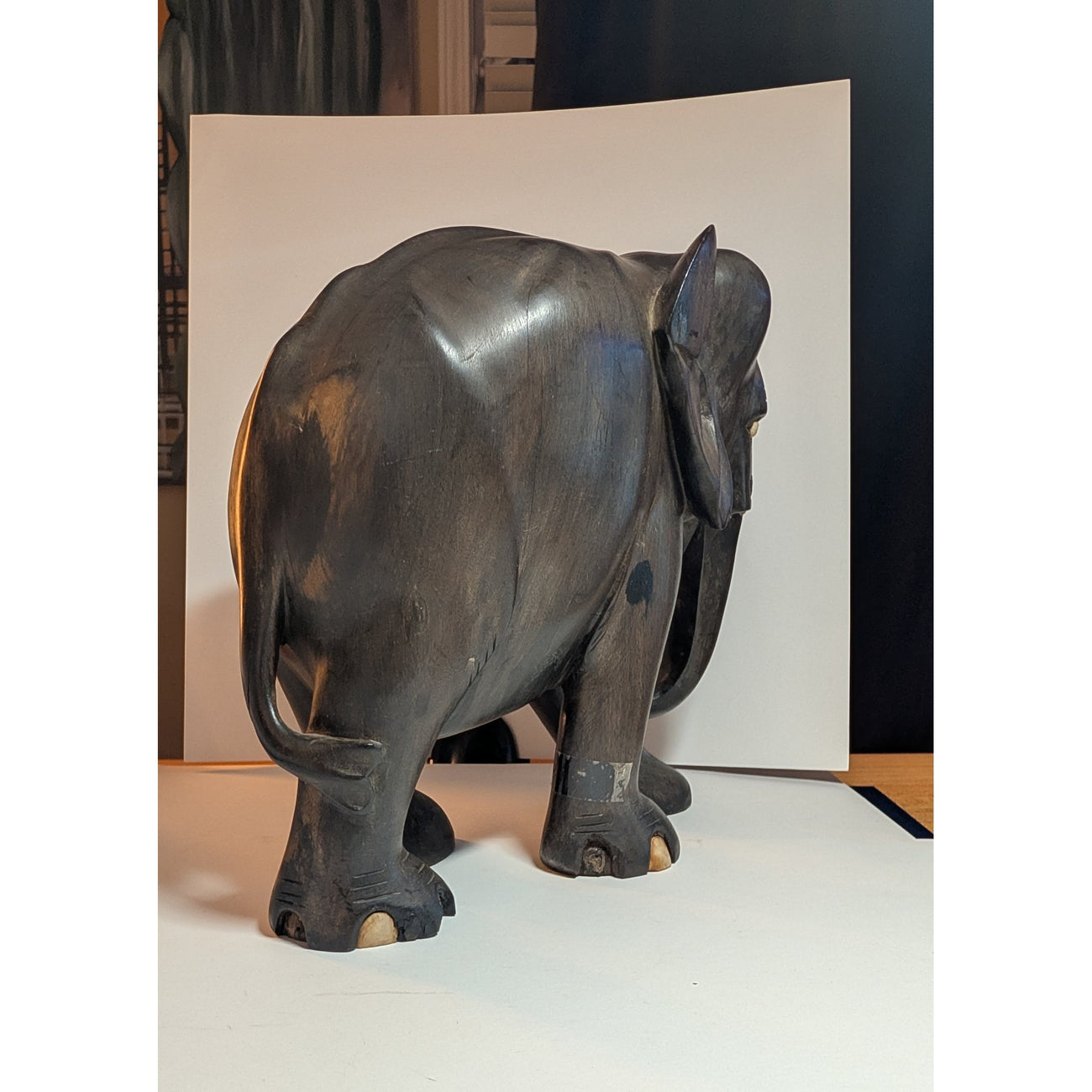 Vintage Ceylon Ebony Elephant Sculpture — Hand-Carved with Inlaid Bone Eyes & Toenails