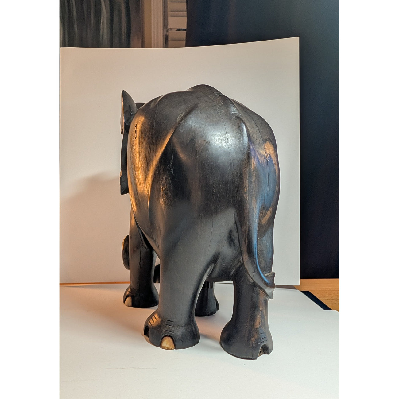 Vintage Ceylon Ebony Elephant Sculpture — Hand-Carved with Inlaid Bone Eyes & Toenails