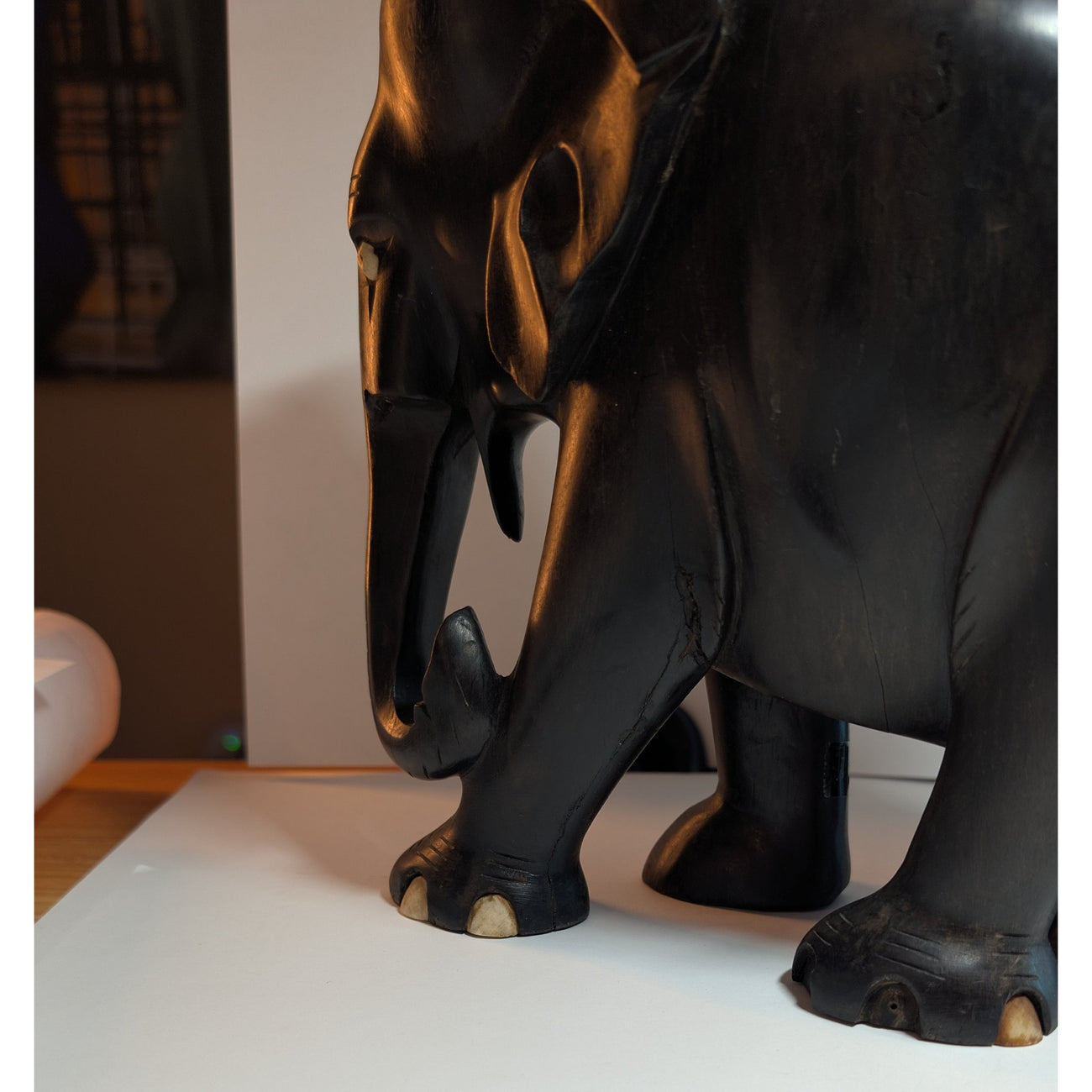 Vintage Ceylon Ebony Elephant Sculpture — Hand-Carved with Inlaid Bone Eyes & Toenails