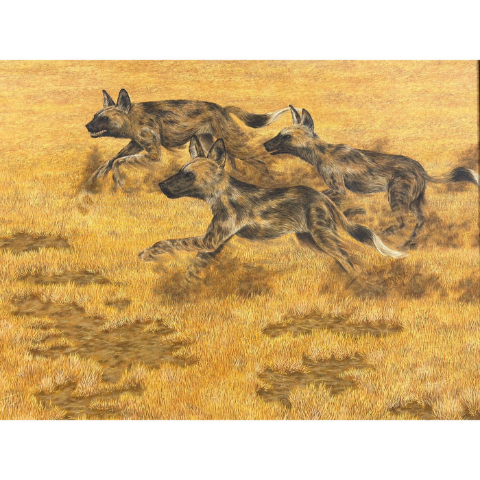 Donald Barnett Original Wildlife Painting — African Wild Dogs (Signed & Framed)
