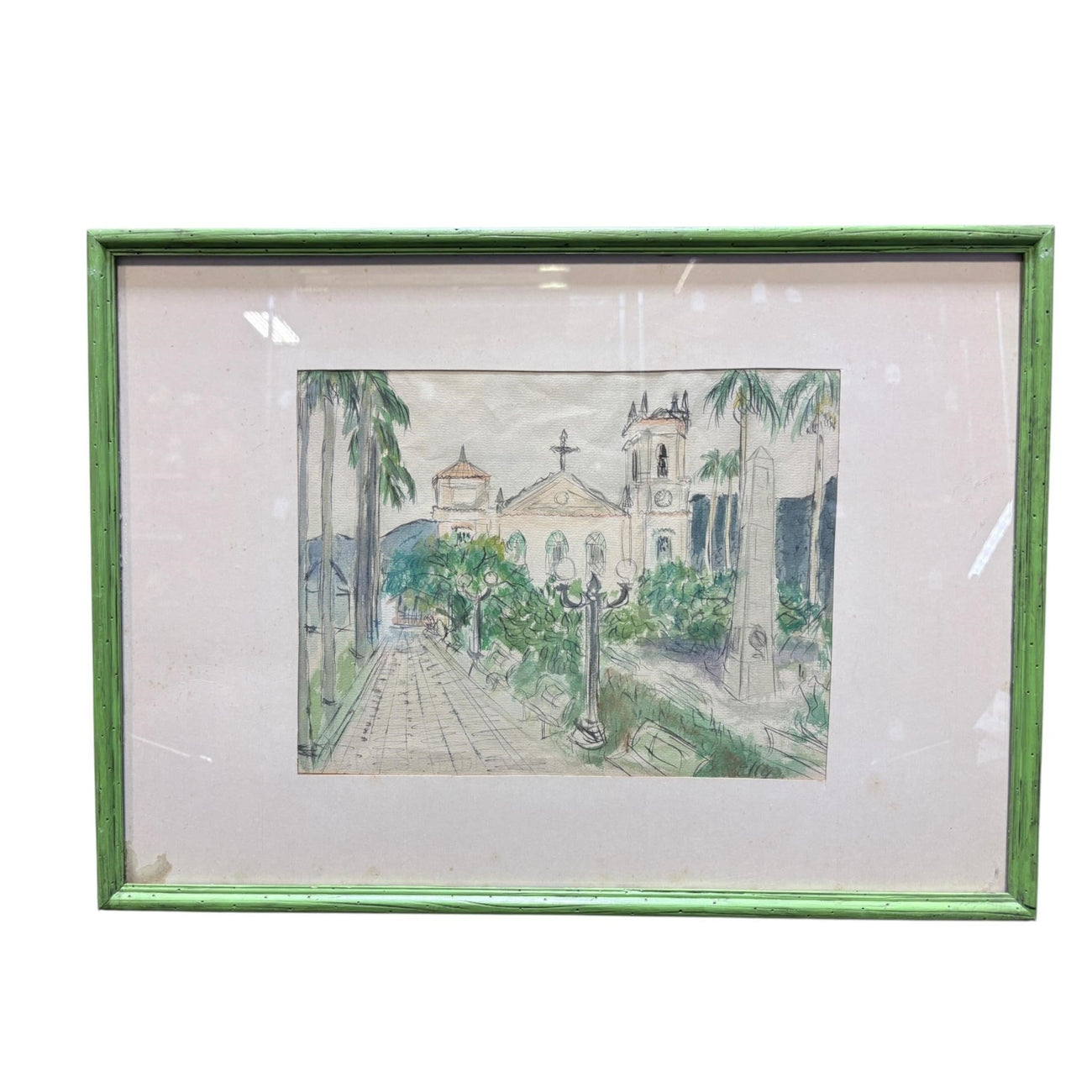 Framed architectural landscape watercolor and ink drawing