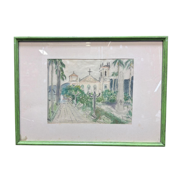 Framed Architectural Landscape — Original Watercolor &amp; Ink Drawing