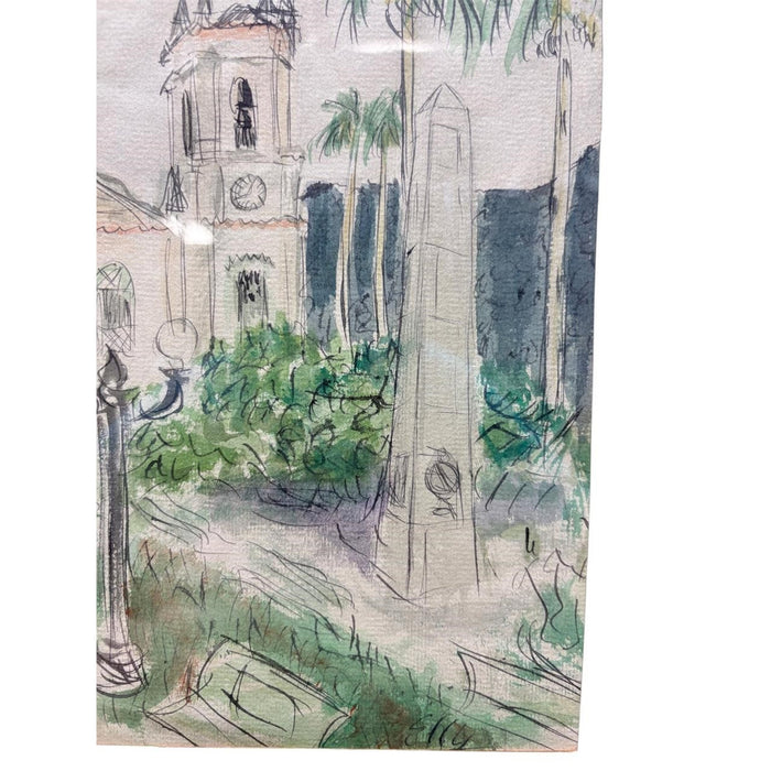 Framed Architectural Landscape — Original Watercolor &amp; Ink Drawing
