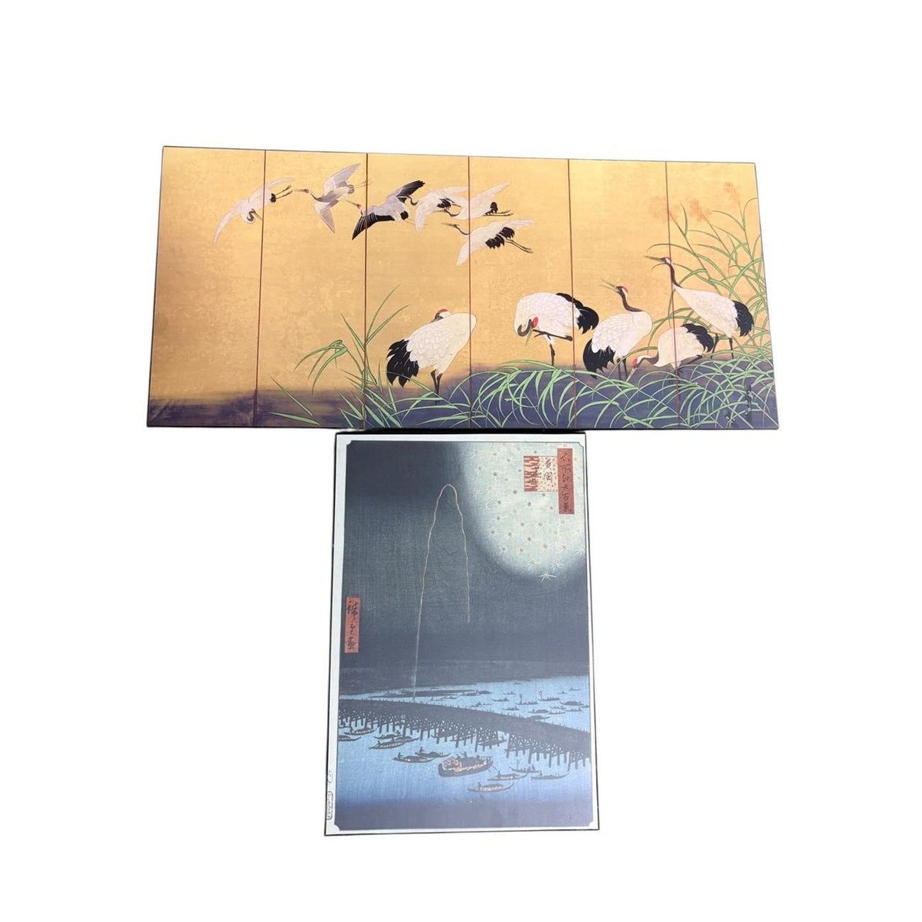 Pair of Japanese prints on boards, cranes and fireworks