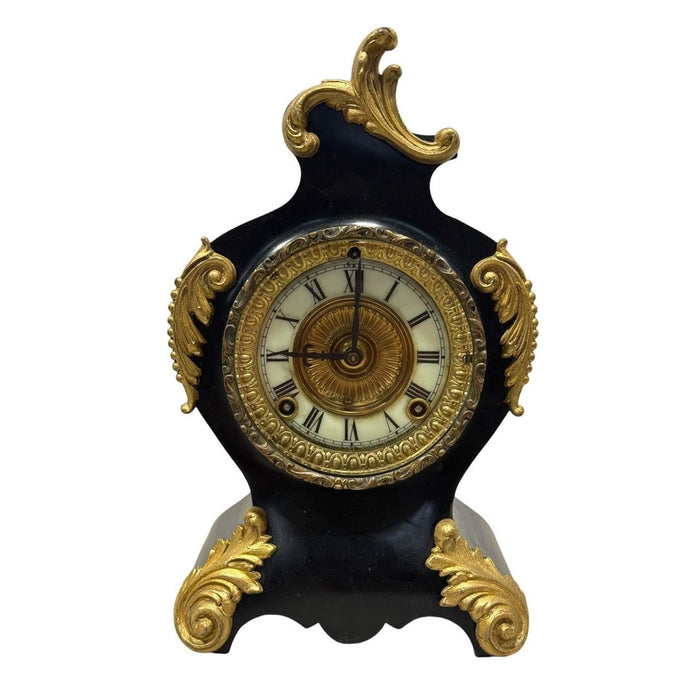 Antique Ansonia Black Mantel Clock with Gilt Metal Mounts (c. 1890–1910)