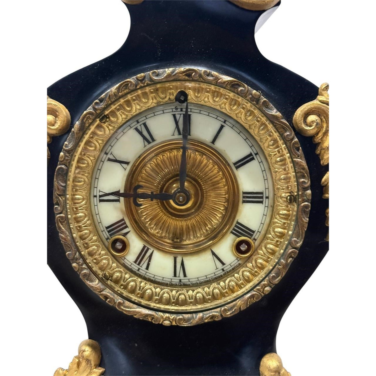 Antique Ansonia Black Mantel Clock with Gilt Metal Mounts (c. 1890–1910)