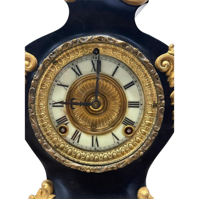 Antique Ansonia Black Mantel Clock with Gilt Metal Mounts (c. 1890–1910)