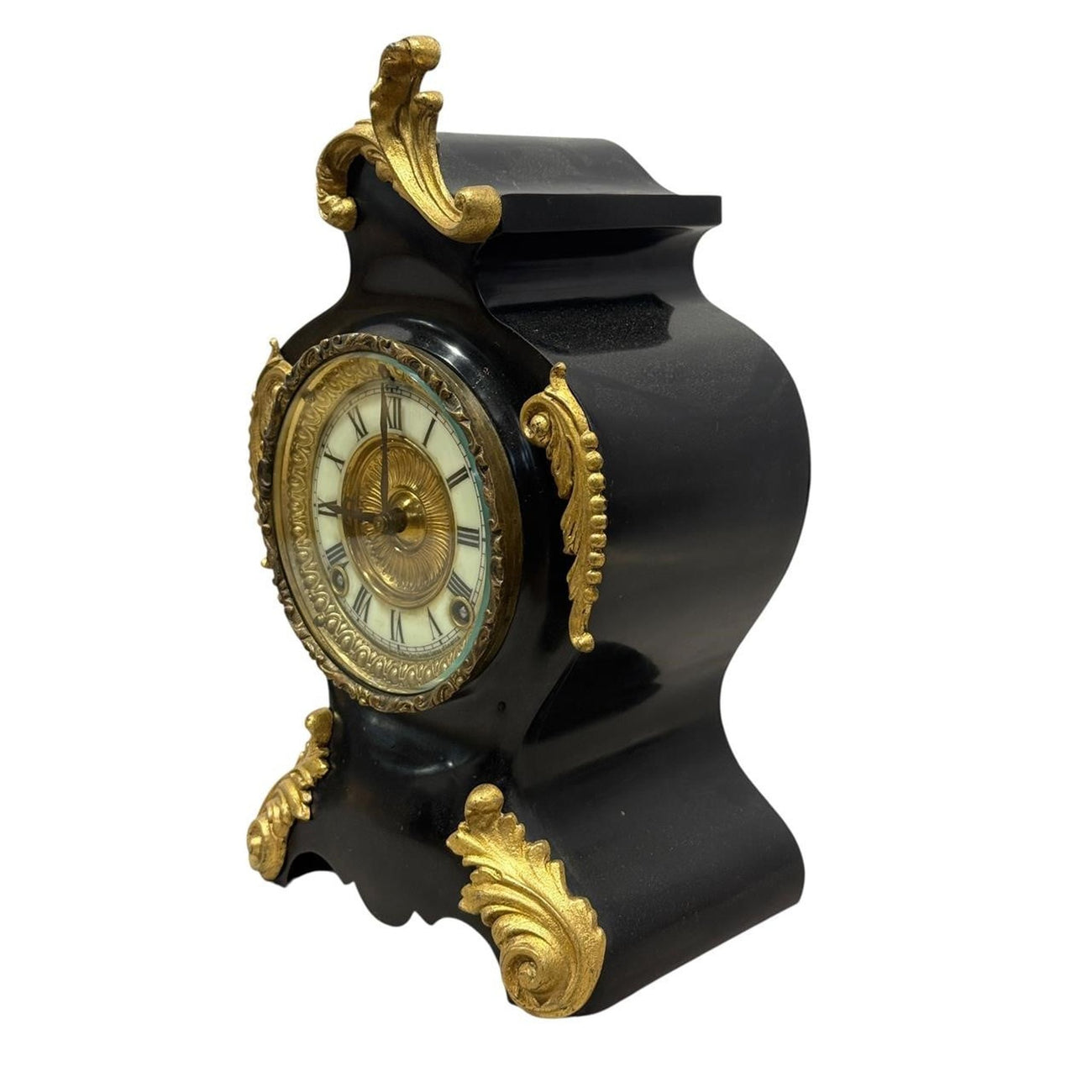 Antique Ansonia Black Mantel Clock with Gilt Metal Mounts (c. 1890–1910)