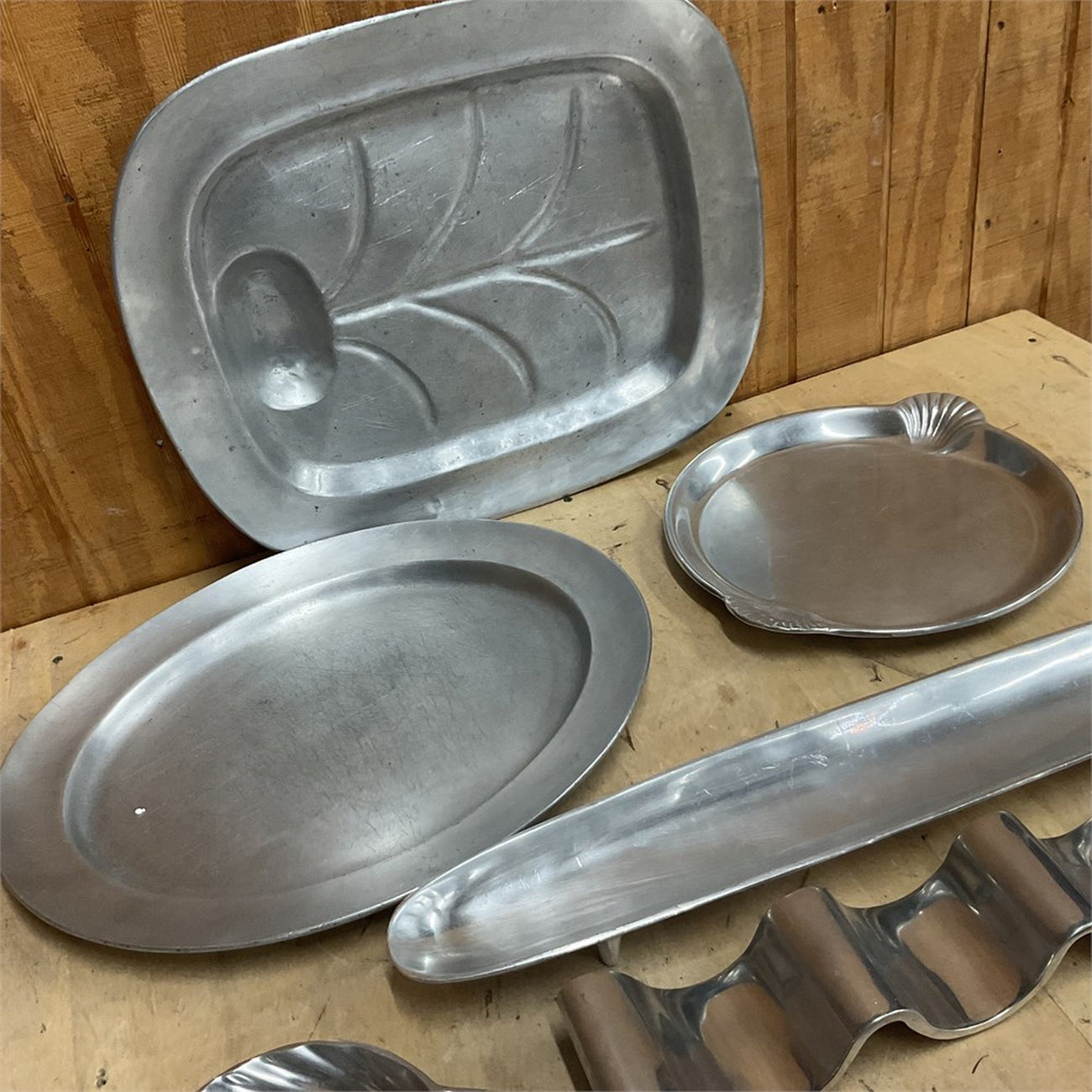 Vintage Cast Aluminum Serveware Lot with Pewter Plate — 8+ Serving Pieces